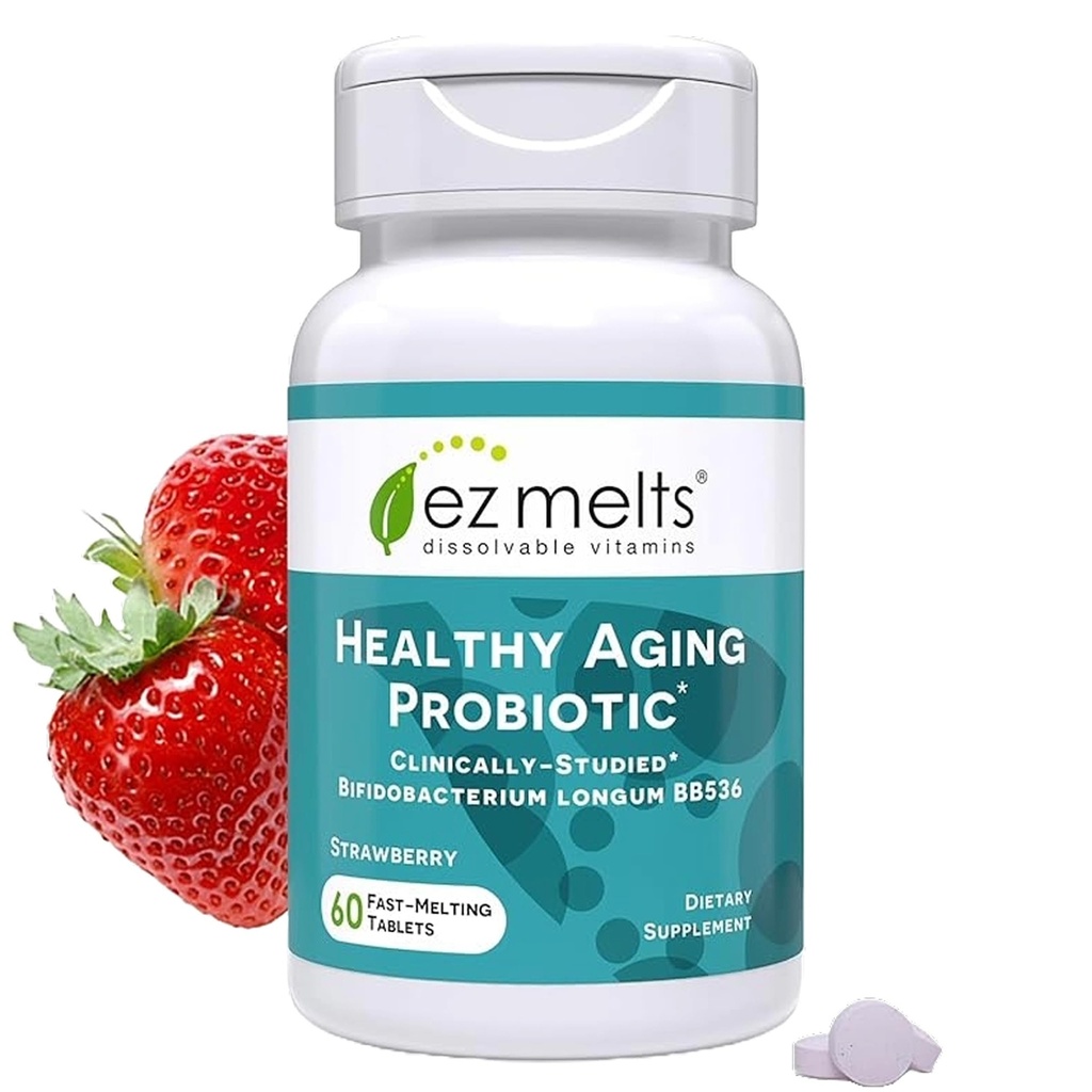 EZ Melts Dissolvable Health Aging Probiyotik, Bifidobacterium Longum BB536 (2 Milyar CFU), Sugar-Free, Probiyotiks for Women & Men 50+, 2Month Supply - 1 Pack