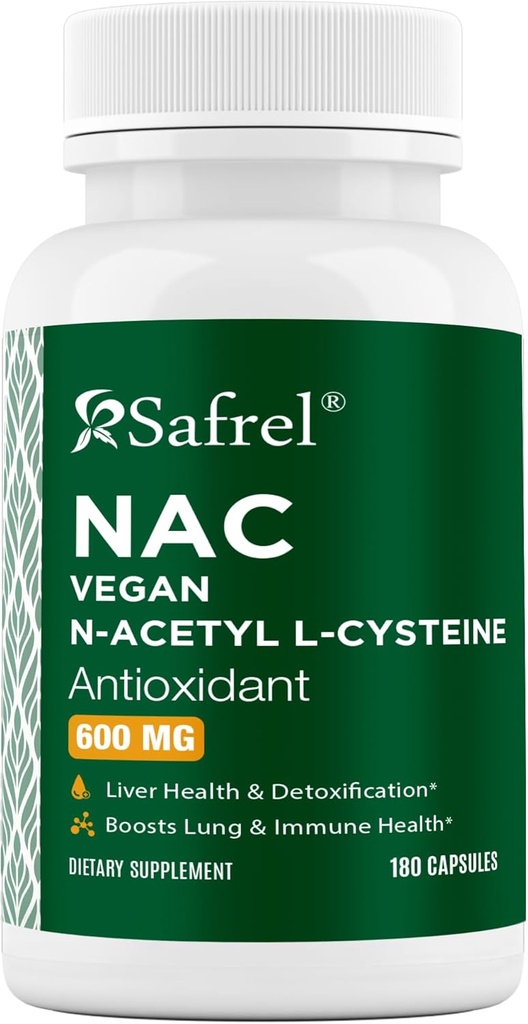 Safrel N-Acetyl-L-Cysteine (NAC) Capsules, 600 mg, 180 Kont, Respiratory, Immune, Liver Health Potent antioksidan Destek, Free-radicals, Easy to Absorb, Non-GMO, Gluten Free