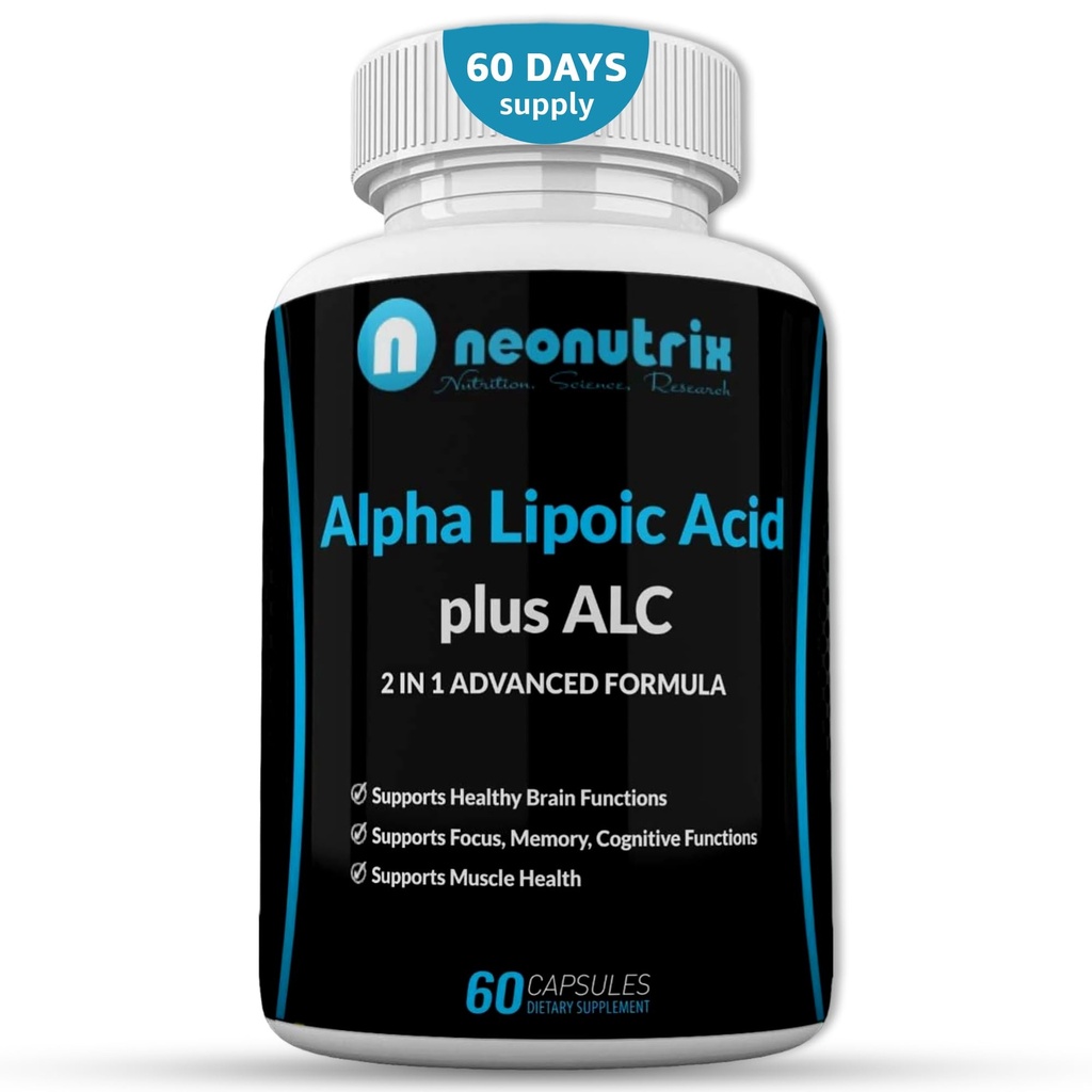 Alfa Lipoic Acid Plus Acetyl L-Carnitine Antioksi Supplement ALA ALC for Health Brain Function & Muscle Strength, Focus, Memory & Cognitive Function for Women & Men - 60 Capsules by Neonutrix