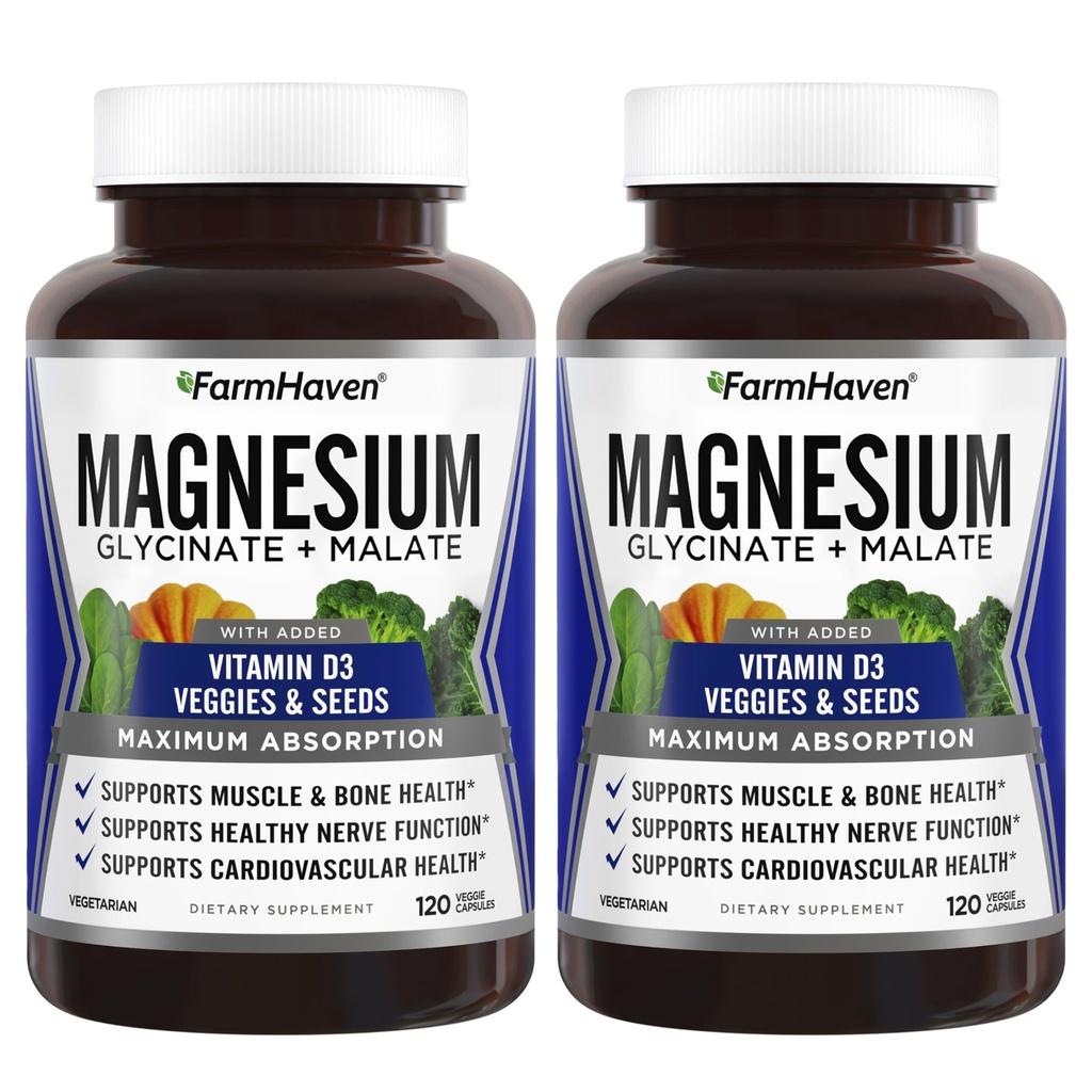 Farm Haven Magnezyum Glycinate & Malate Kompleksi w/Vitamin D3, Max Abors- Bone Health, Nerves, Muscles, 240 Capsules, 120 Days
