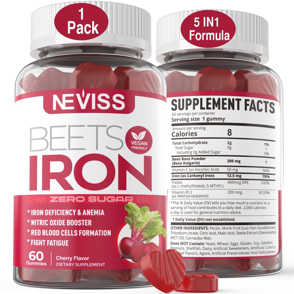 Demir, Metil B12, Folate, C vitamini ile Arıt Kökleri - Nitrik Çimento ve Demir Seviyeleri Arttırın, Enerji Desteği, Fatigue, Beetroot & Gentle Iron Supplement, Sugar Free, 60 Counts