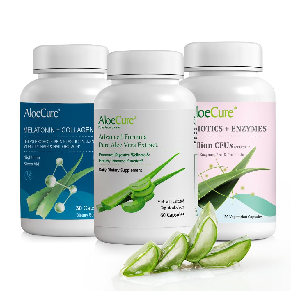 AloeCure Organik Aloe Vera Capsules Pack - 3 Adet - Melatonin + Collagen, Aloe Vera Capsules, Probiyotik + Enzyme