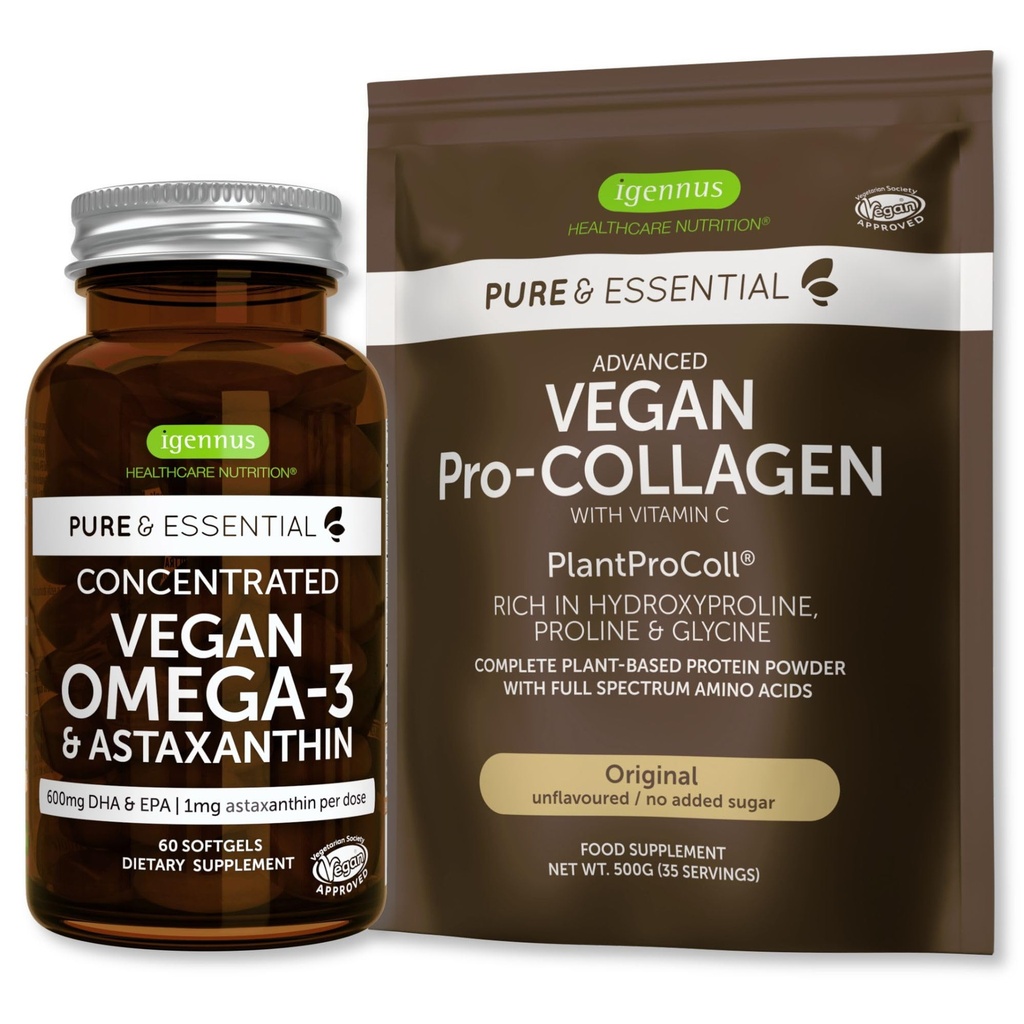 Pure & Essential Vegan Collagen Peptide Protein Toz & Vegan Omega 3 Sche, Tamam Collagen Boosting Formula & Sürdürülebilir Algae Oil 1340 mg, Igennus