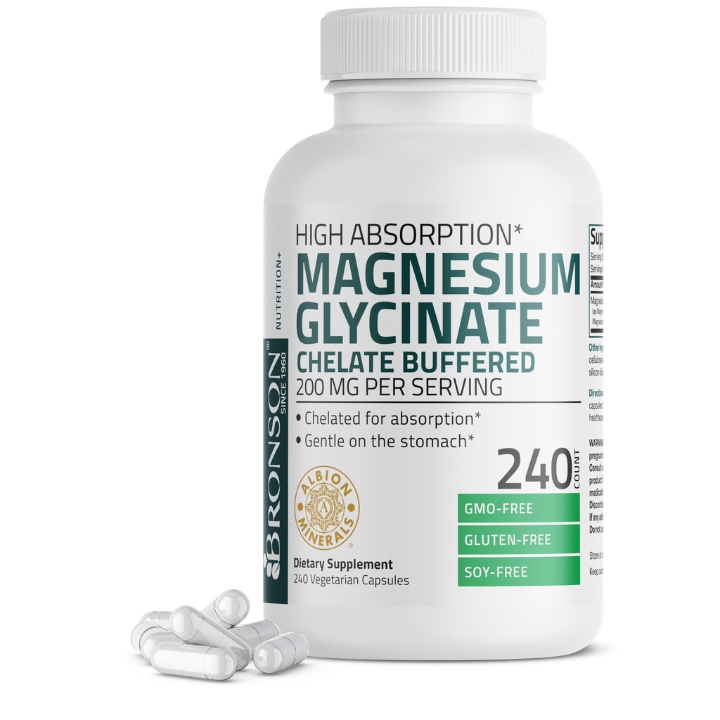 Bronson Magnezyum Glycinate 200 MG, Yüksek Absorpsiyon için, Cent On Stomach, Non-GMO, 240 Vegetarian Capsules