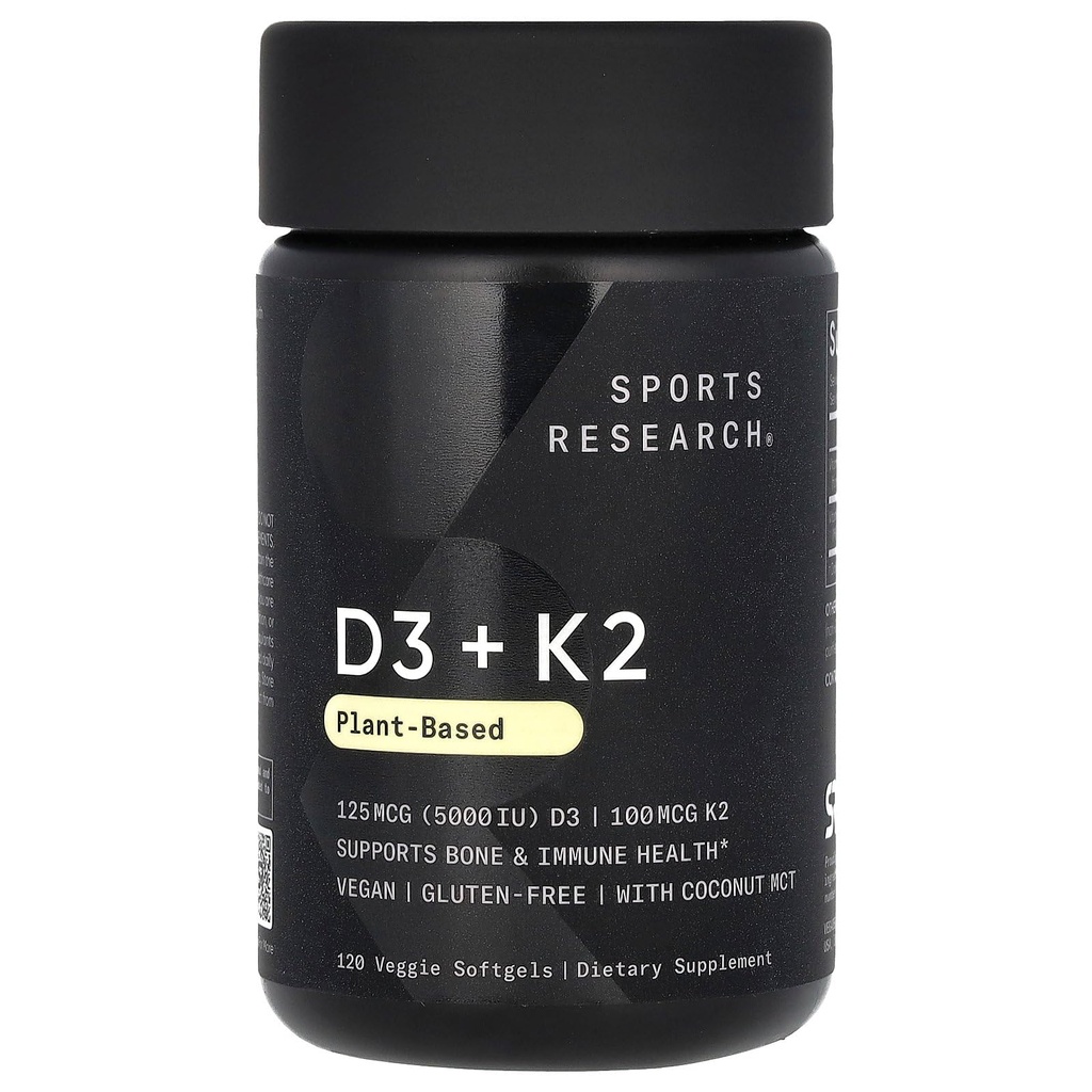Spor Araştırma Vitamin D3 ile K2 Softgels - Plant Based K2 & Vegan D3 5000iu with Coconut MCT Oil - Vegan sertifikalı, Soy & Gluten Free - 120