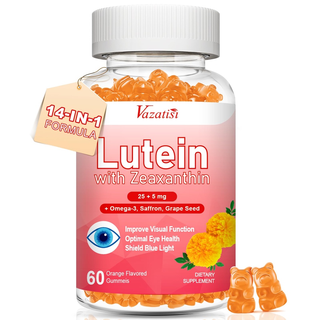 Lutein ve Zeaxanthin Supplements Gummies, Advanced Eye Vitamin Supplement with Bilberry, Saffron, Grape Seed, Omega 3 for Macular Health, Kuru Eye, Visual Function - Orange Flavor, 60 Kont