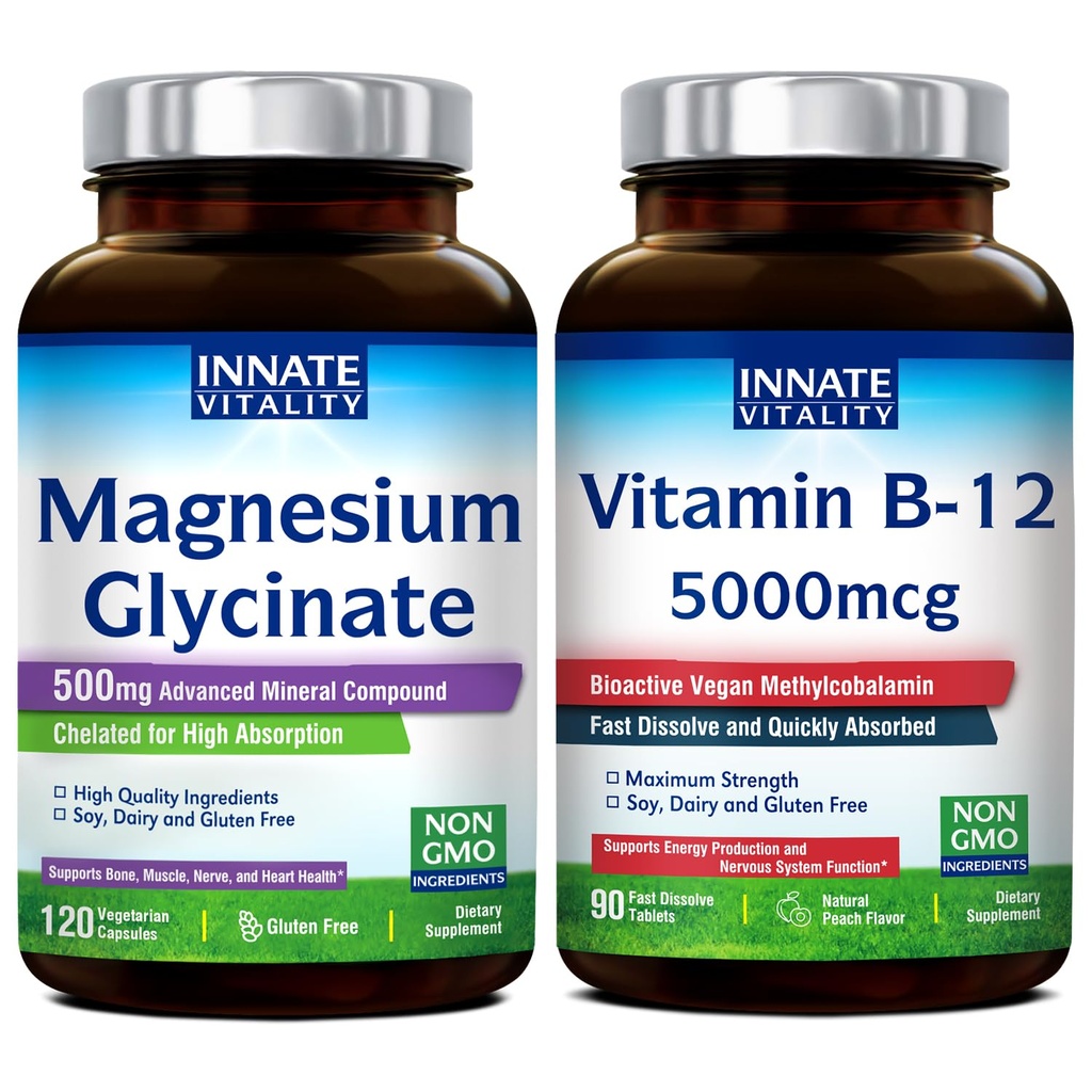 Innate Vitality Magnezyum Glycinate & Vitamin B12 Sche, No Gluten & Vegan, Magnezyum (120 Caps) & Vitamin B12 (90 Fast Dissolve Tabs), Değer Paketi ve Kurtarın