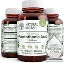 Doğal Nutra Time release Pantothenic Acid 500 mg, Vitamin B5 Supplement Helps Break Down Fat and Carbohidrats, Metabolism and Energy, improve Muscle Health, 60 Vegetarian Tabletler (3 Paket)