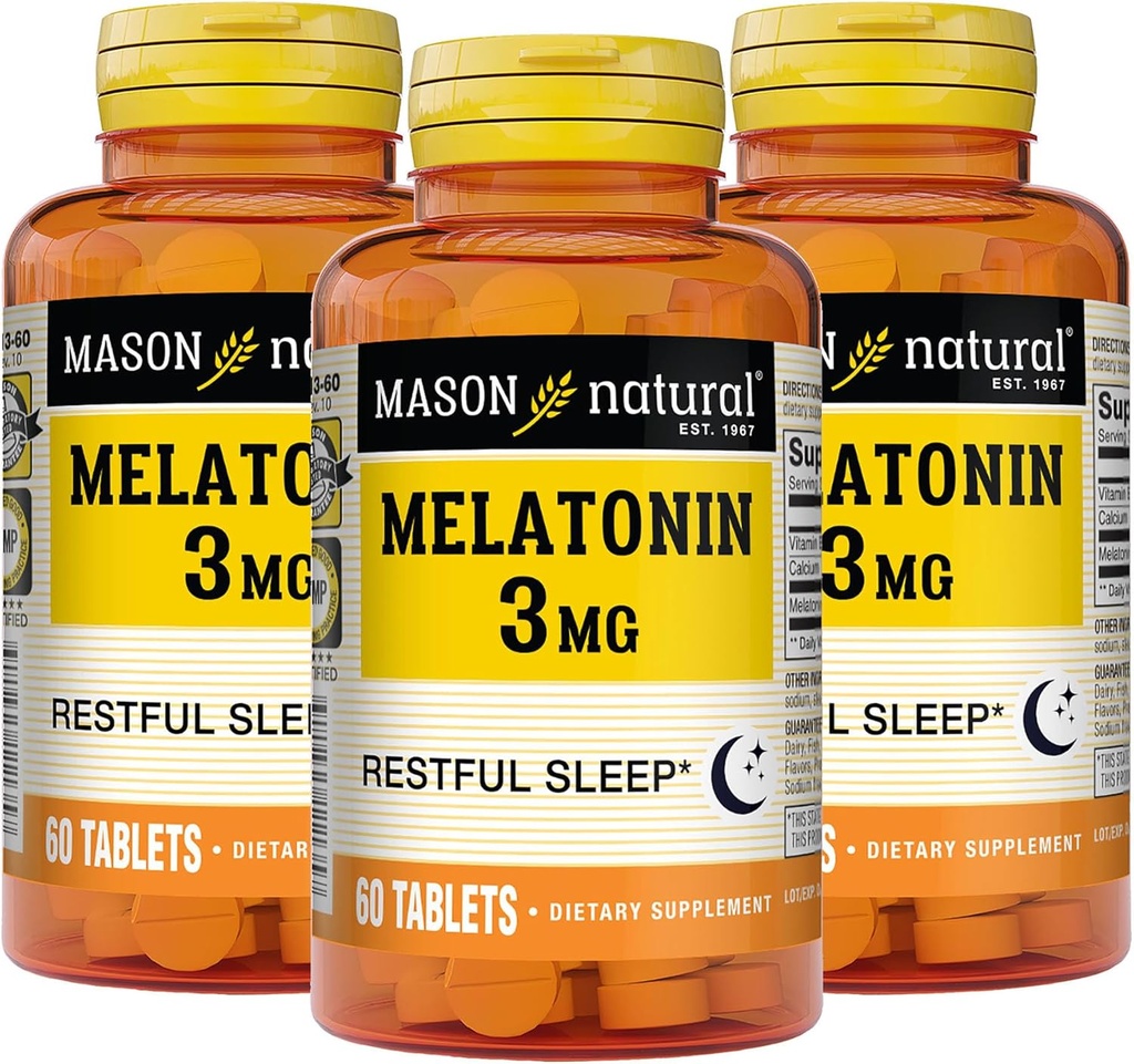 MASON NATURAL Melatonin 3 mg ile B6 & Food, Natural Sleep Aid, Supports Restful Sleep, 60 Tabletler (Pazarlama 3)