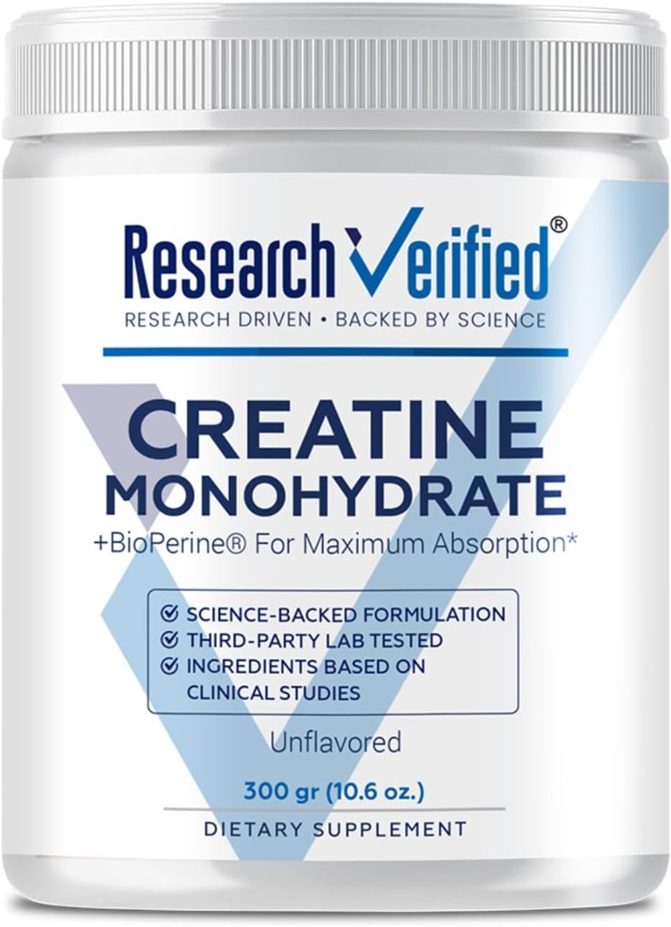Araştırma Gerçekleştirilmiş Kretine Monohidrat - Optimal Kas Büyümesini Destekleyin - 5000 mgt Kretin Monohidrat - BioPerine - 60 Hizmet - Unflavored - Vegan