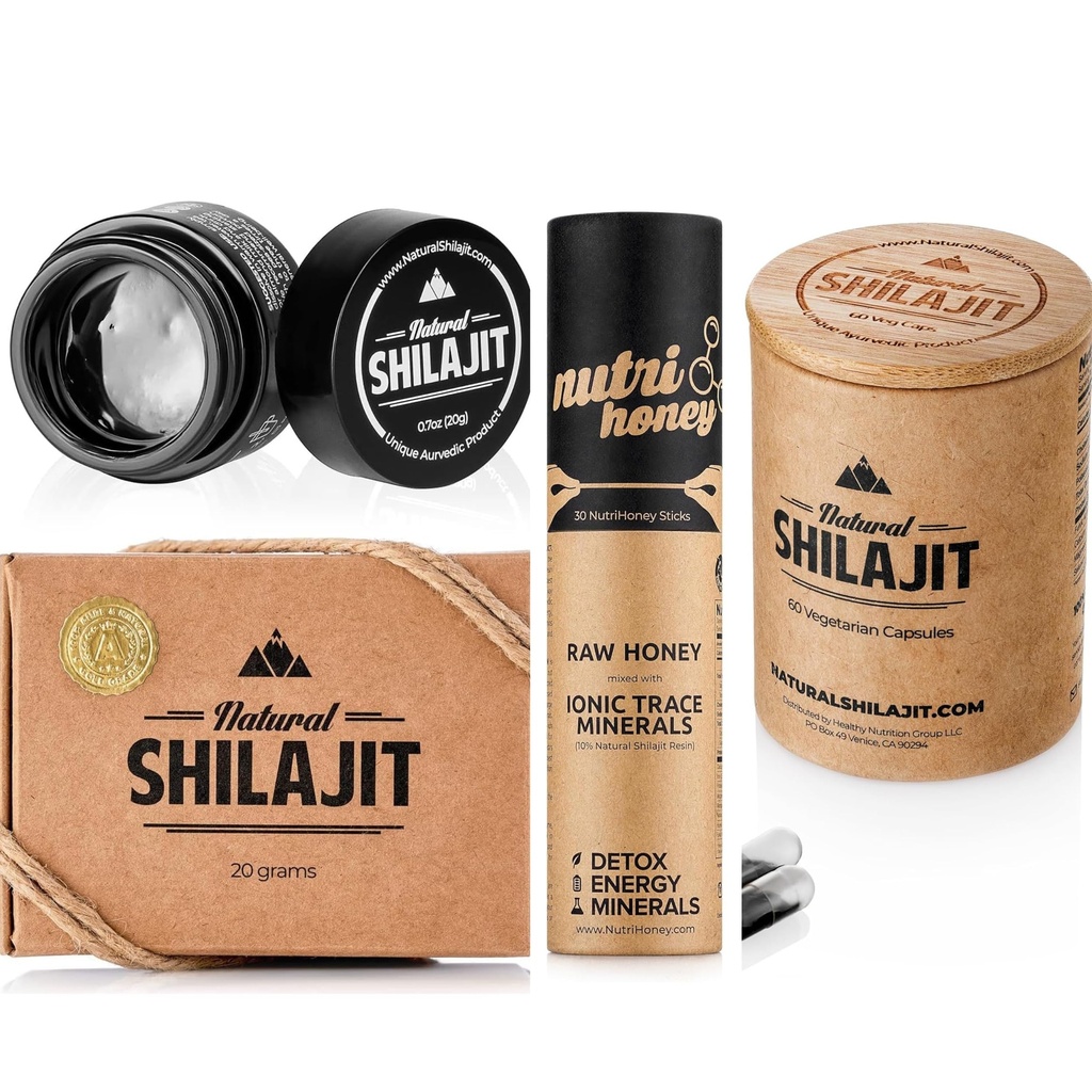NATURAL SHILAJIT Resin 20G, Shilajit Honey Sticks 30 Count Capsules 60 Count