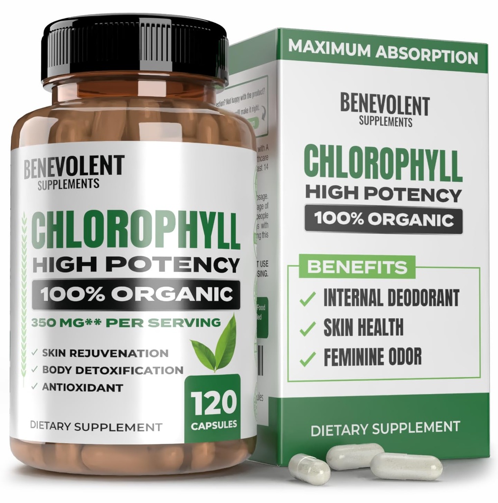 Benevolent Chlorophyll Capsules 350 mg -% 100 Doğal + Ultra Klorophyll 20x Potency, Immune Support, Internal Deodorant, Skin Health, Non-GMO, 120 Capsules