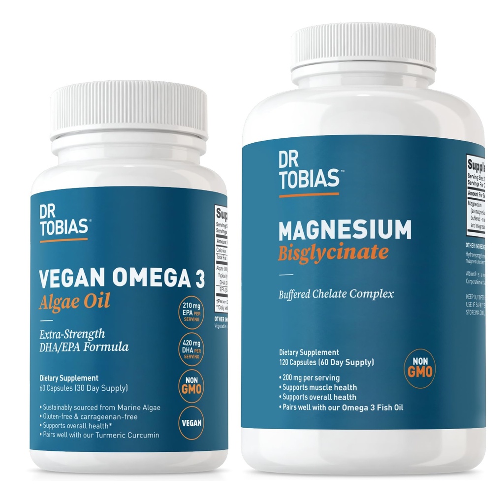 Dr. Tobias Vegan Omega 3 Algae Oil ve Magnezyum Bisglycinate, Kalp, Beyin, Kas ve Bone Health, Non-GMO, Vegan