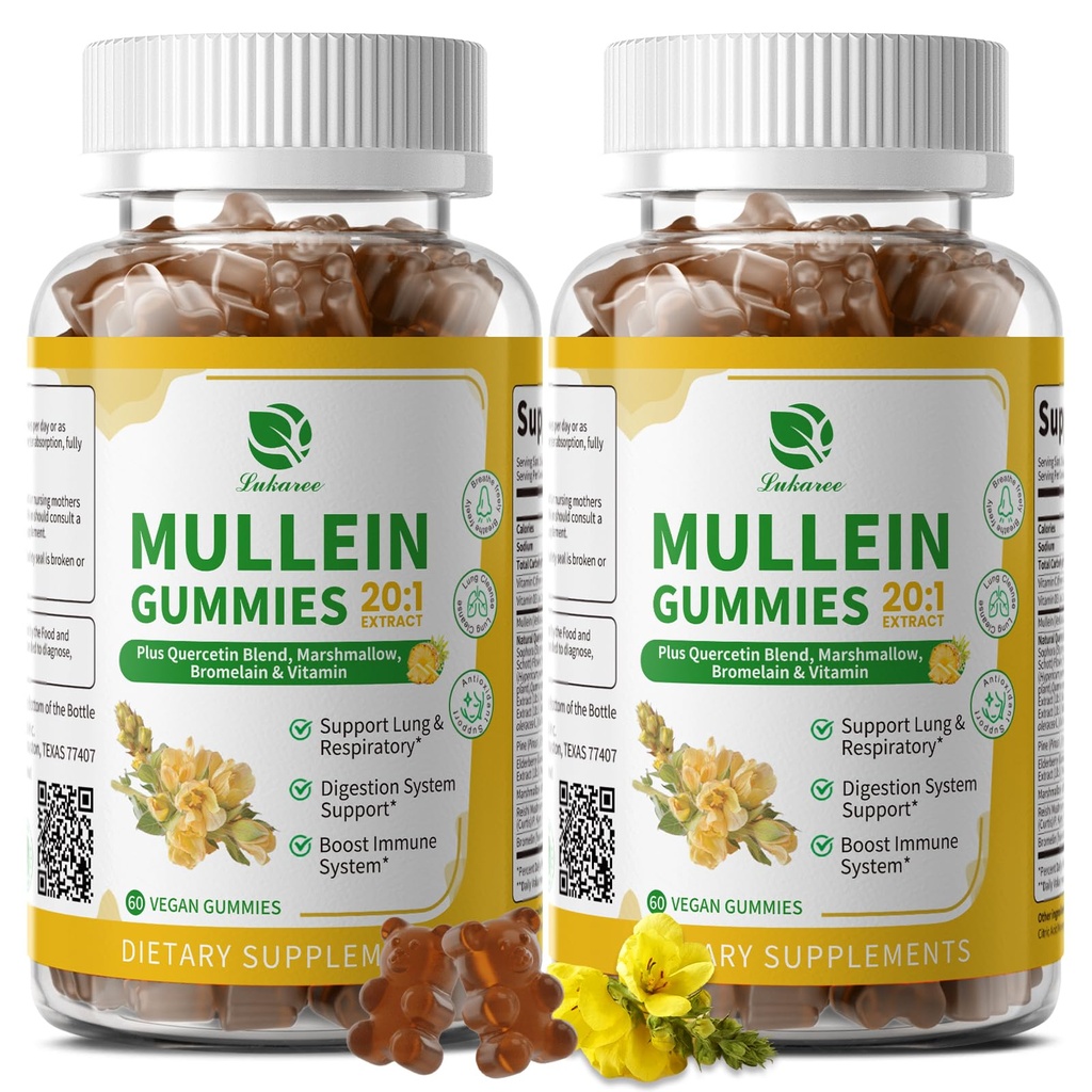 (2 Pack) 9, Lung Cleanse & Detox için 1 Mullein Gummies, Ekstra Kuvvetli Mullein Leaf Extract w/Quercetin, Bromelain, Elder & Marshmallow for Respiratory, Immune & Digestive, Vegan,120
