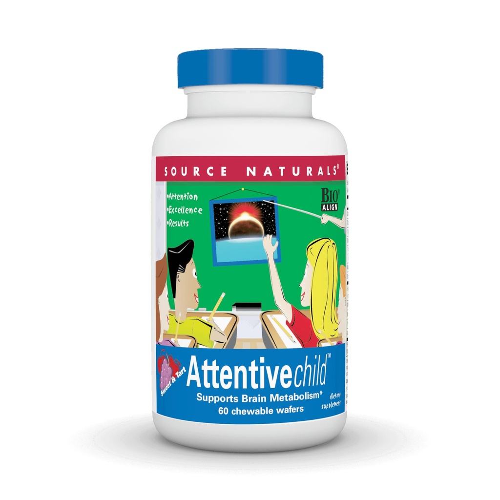 Source Naturals Attentive Child - Aktif Çocuklar için Sağlıklı Bilişsel Beslenmeler - DMAE ile geliştirilmiş Focus & Dikkat, Magnezyum, çinko & Grape Tohumu - 60 Chewable Wafers.
