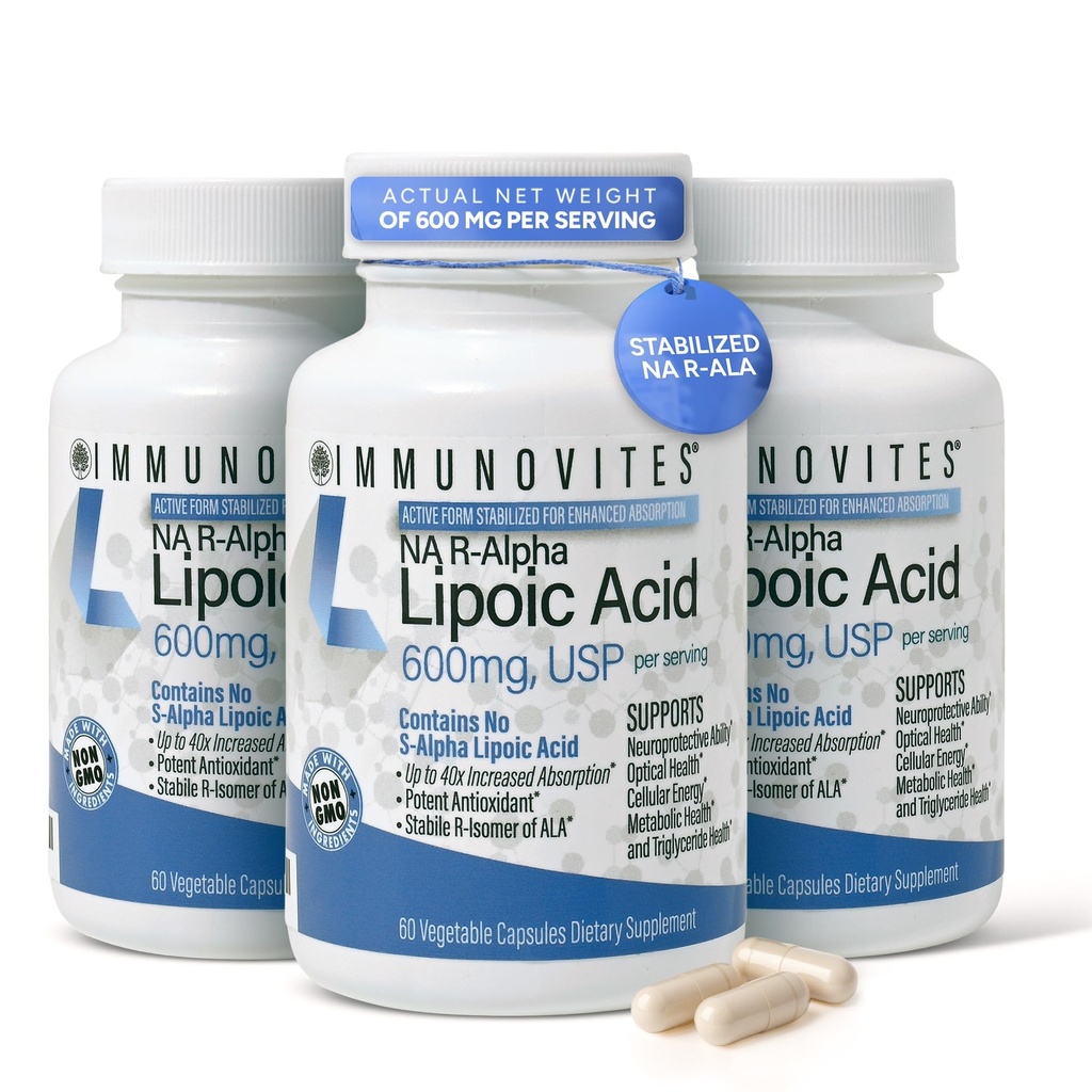 IMMUNOVITES 3-Pack Stabilized R-Alpha Lipoic Acid ((Real) hizmet başına 600 mg Yüksek Potency & up to 40x Artan Absiyon (Na R-ALA) (Na R-LA) (Na R-Lipoate) (3 Şişe)