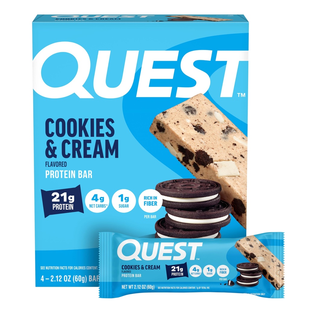 Quest Nutrition Cookies & Cream protein Bars, 21g protein, 4g Net Carbs, 1g Sugar, Gluten Free, Keto Friendly, 4 Count Count Count