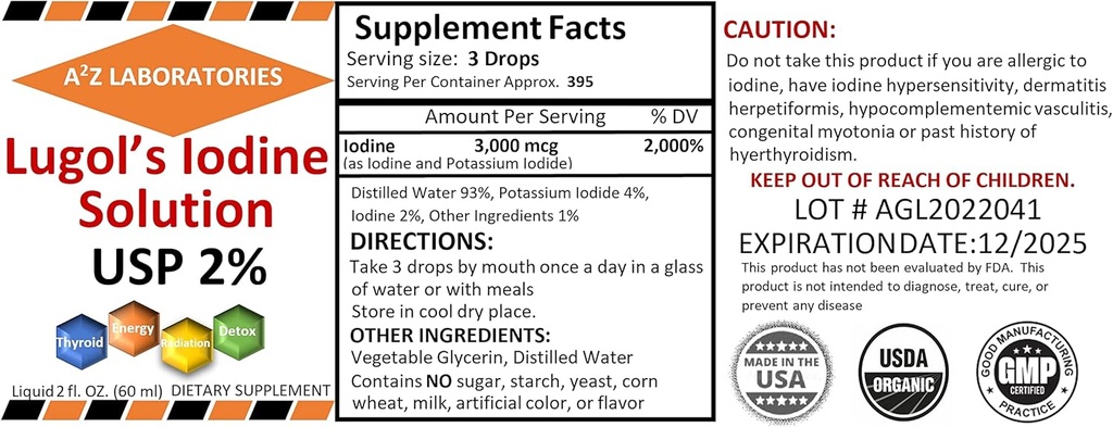 2 x 2 OZ Pack A2Z Organik Lugol'un Iodine ve Pids Iodide 2 Çözüm 3000 mcg - Dia Supplement Drops for Yourroid Support for Women & Men, Metabolism Health, Detox Boost -2X 2 Fl Oz/USA