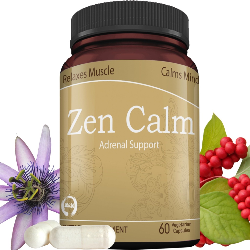 Zen Calm Stress Adrenal Support Supplement Organic Adaptogenic Herbs - Magnesium, B Vitamins, GABA & More to Support a Natural Calm. Non-Drowsy. Non-GMO (60 Veggie Caps)