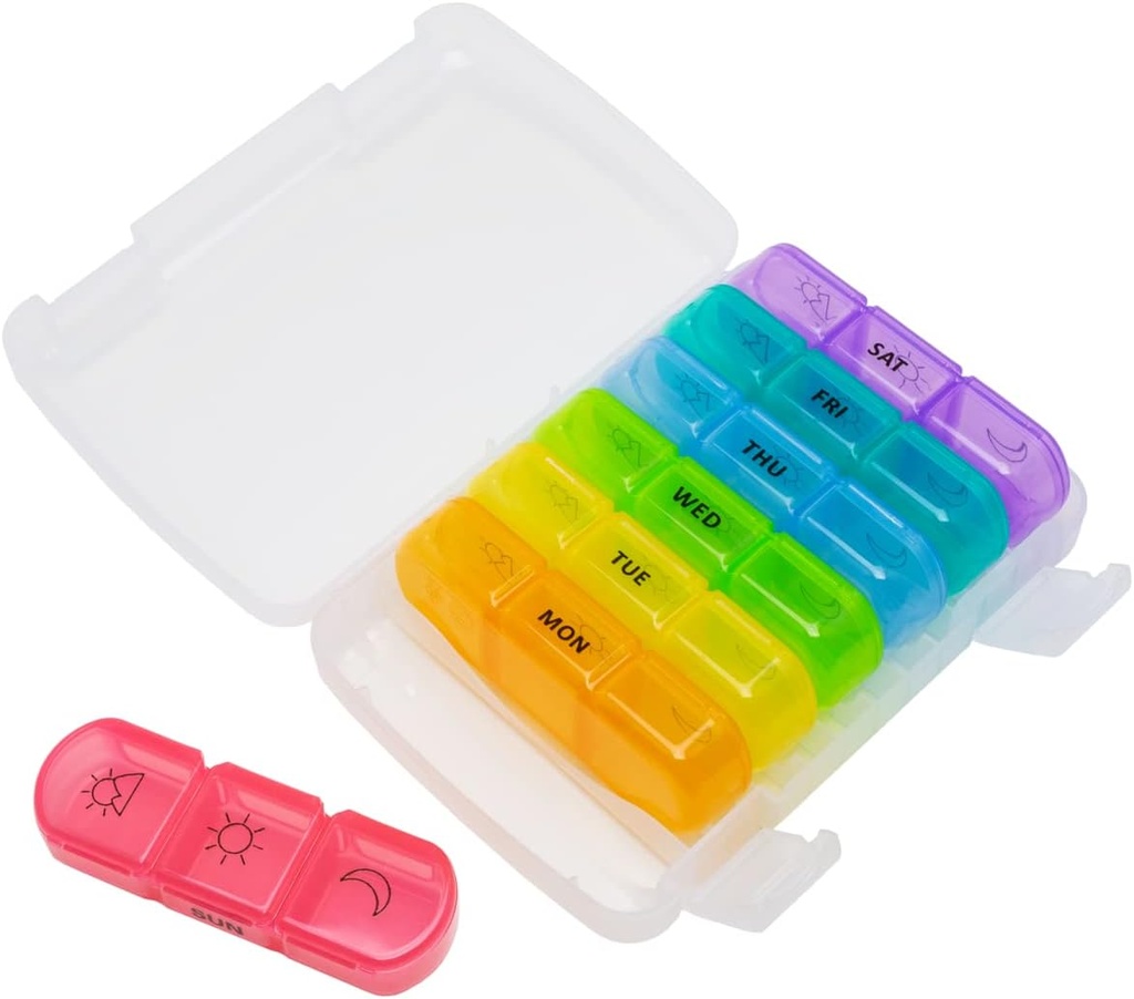 EZY DOSE Weekly (7-Day) Daily Medtime Pill Organizer Case, Vitamin Planlayıcı ve Tıp Konteyner, Büyük Pop-Out Bireysel Karşılaştırmalar, 3 Times a Day, Travel Friendly, Rainbow, Faraday Free