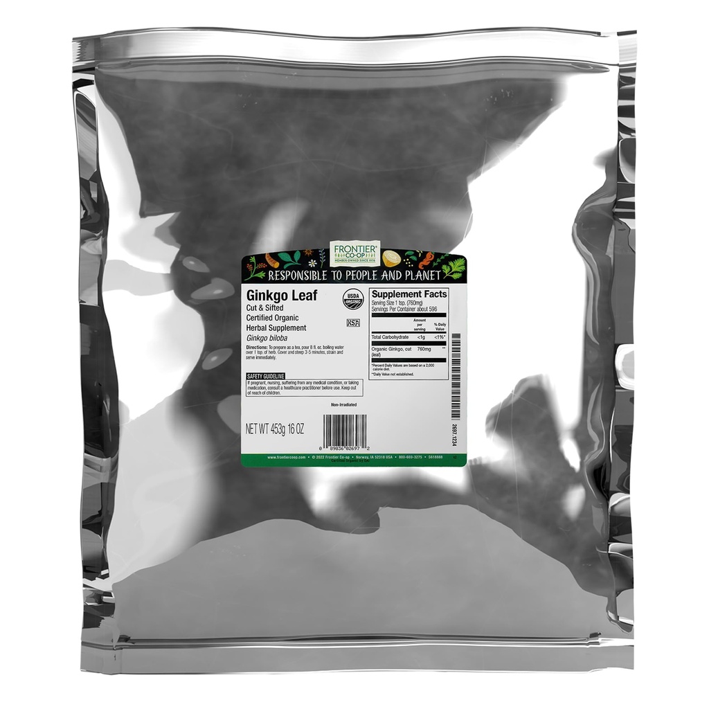 Frontier Co-op Organik Ginkgo Leaf, 1lb Bulk Bag, Cut ve Sifted | kuru Ginkgo Biloba Leaf | Çay ve Herbal Uses için ideal, Kosherher