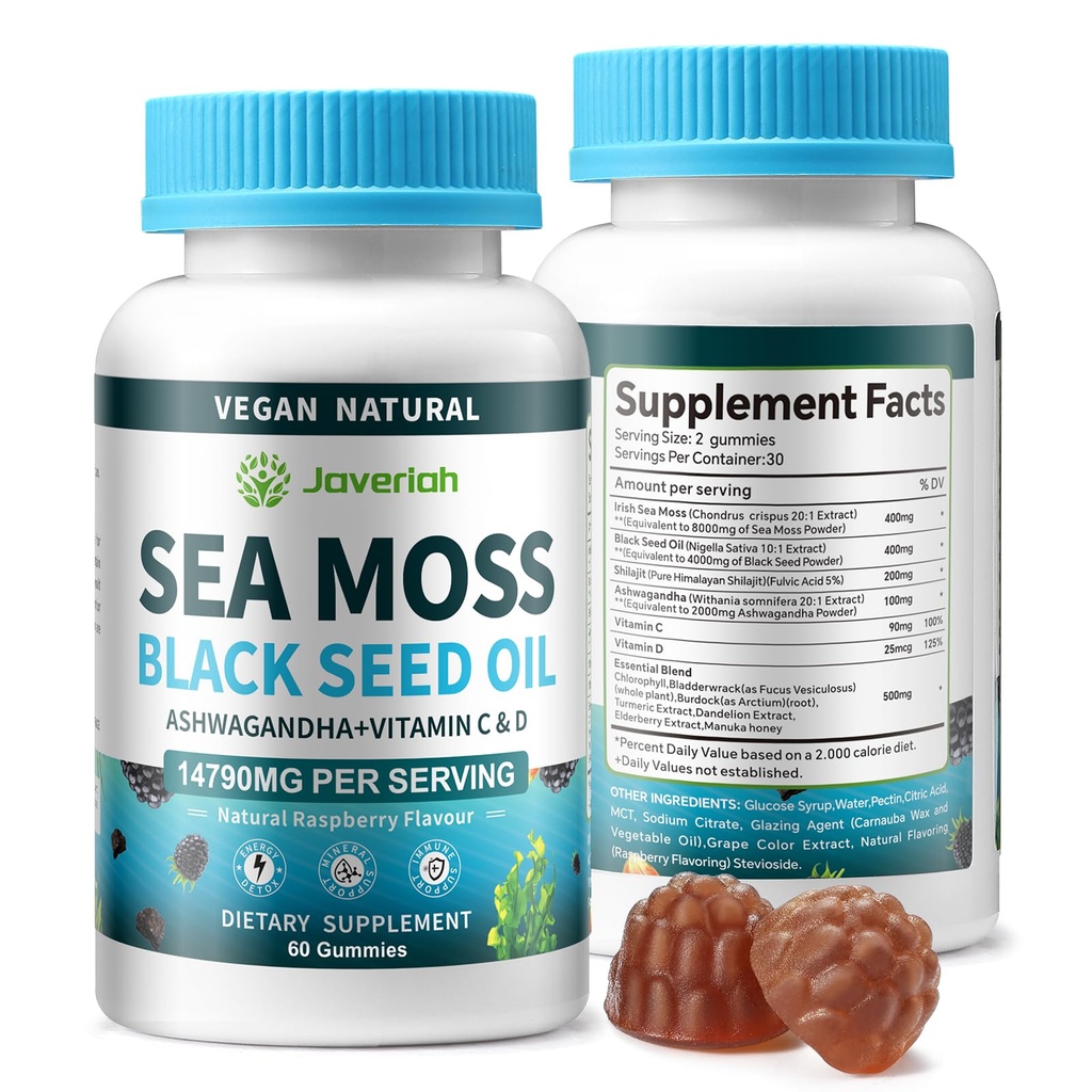 Vegan Ashwagandha Sea Moss Gummies - Black Seed Oil, Vitamin C&D for Immune Support, Digestive, Antioxy 13 in 1 Sche, Sea Moss Chlorophyll Advanced Strength Formula 2Pack 120 Gummies