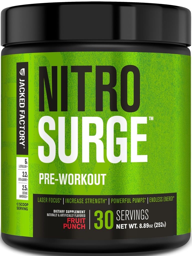 Jacked Factory NITROSURGE Pre Workout Supplement - Endless Energy, Instant Strength Gains, Clear Focus & Intense Pumps - NO ATM & Güçlü Preworkout Energy Toz - 30 Hizmet, Meyve Zehirleri,