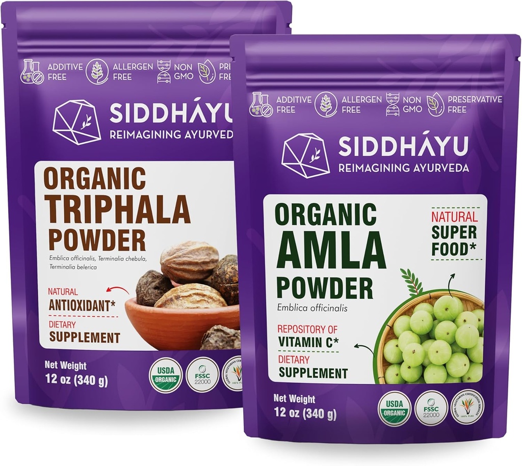 Siddhayu Organik Triphala Toz - 12 oz & Organik Amla Herbal Supplement Toz - 12 oz