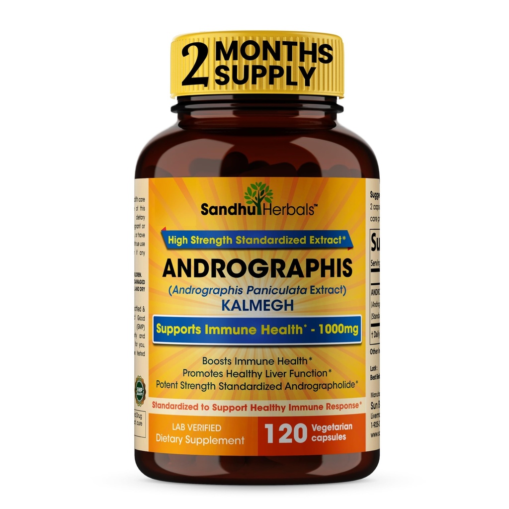 SANDHUHERBALS Sandhu Herbals Andrographis Paniculata Kalmegh için Immune ve Liver Health Support / 120 Vegetarian Capsules, 2 Ay Supply| Ayurvedic Herbal Vegetarian Supplement Kompleksi