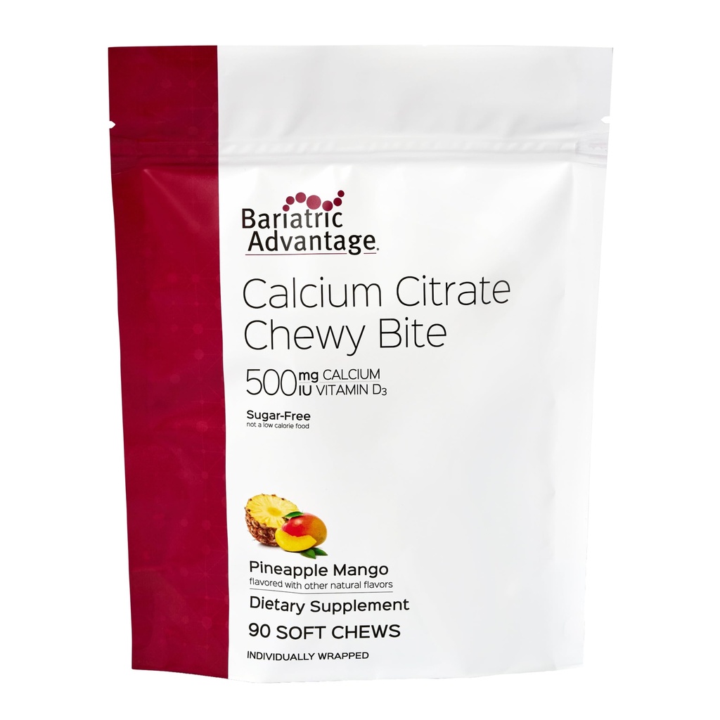 Bariatric Advantage Calcium Citrate Chewy Bites 500 mg - Highly Absorbable & Digestible - Vitamin D3 - Easily Chewable Calcium Supplement - Pineapple Mango - 90 Count