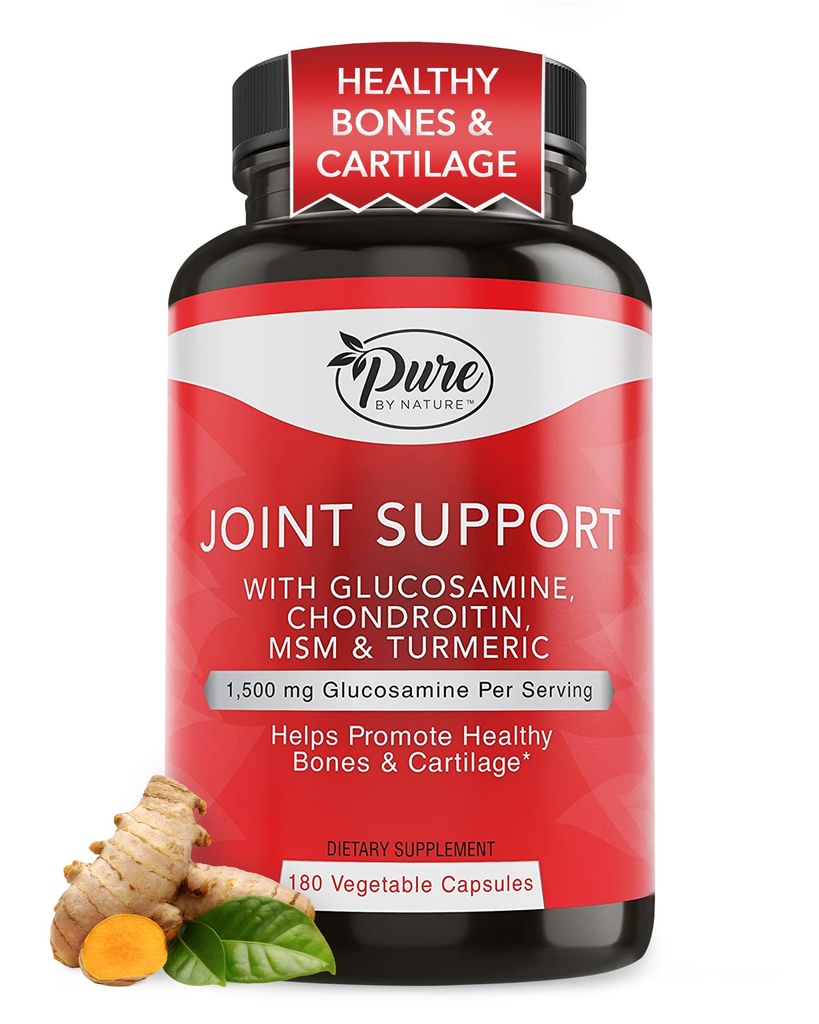 Pure By Nature Joint Support, Glucosamine with Chondroitin Turmeric MSM Boswellia Supplement, 180 Capsules