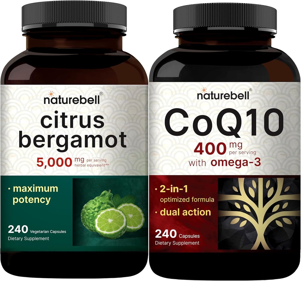 NatureBell CoQ10 400 mg Capsules with Omega 3 Fatty Acids & Citrus Bergamot Veggie Capsules 5000 mg Equivalent Paket | Stable High Abxia Form | High Antioksi Seviye