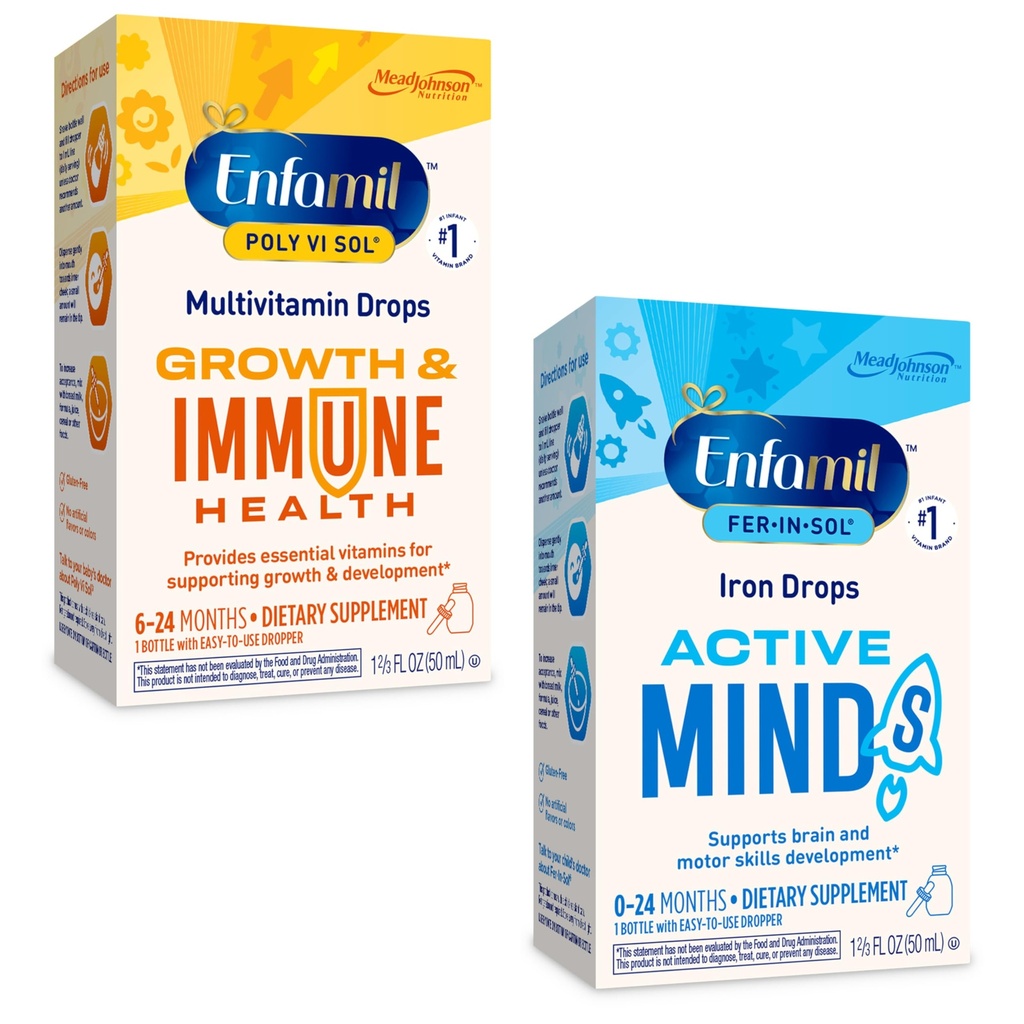 Enfamil Poly-Vi-Sol ve Fer-in-Sol Demir sıvısı Bebek ve Toddler için Multivitamin Supplements, 2x50 mL Dropper Şişe Şişe