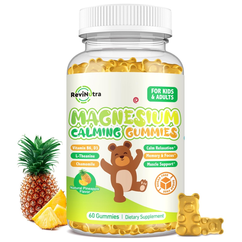 Çocuklar için Magnezyum Gummies - Magnezyum Glycinate Gummies Supplement with L-Theanine, Vitamin B6, D3 for Yetişkinler & Çocuklar, Calm Magnezyum for Sleep, Relaxation, Brain, Bones,Sugar Free Pineapple 60ct