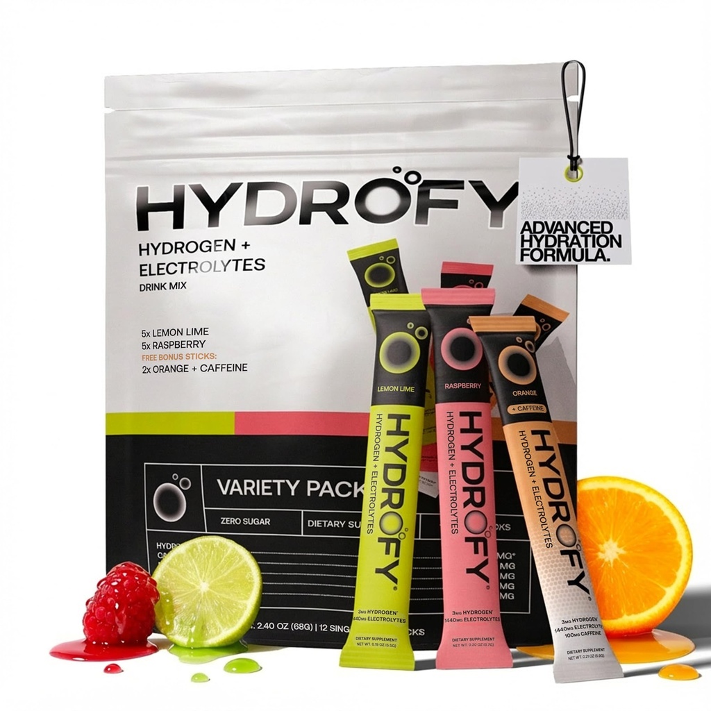 Hydrofy Hidrojen Su + Elektrolytes Drink Mix - Çeşitli Paket | H2 Hydration Packets with Molecular Hidrojen, sodyum, Pyum, Magnezyum | Lemon Lime, Raspberry, Orange + Caffeine | 12 Count