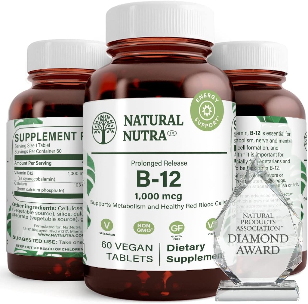 Doğal Nutra Vitamin B12 1000 mcg, Cobalamin B 12 Supplement, Kalsiyum Phosphate, Metabolism Health'de Yardım, Destek Nervous System, Optimal Absiyon, Gluten Free, Sugar Free, 60 Vegan Tabletler