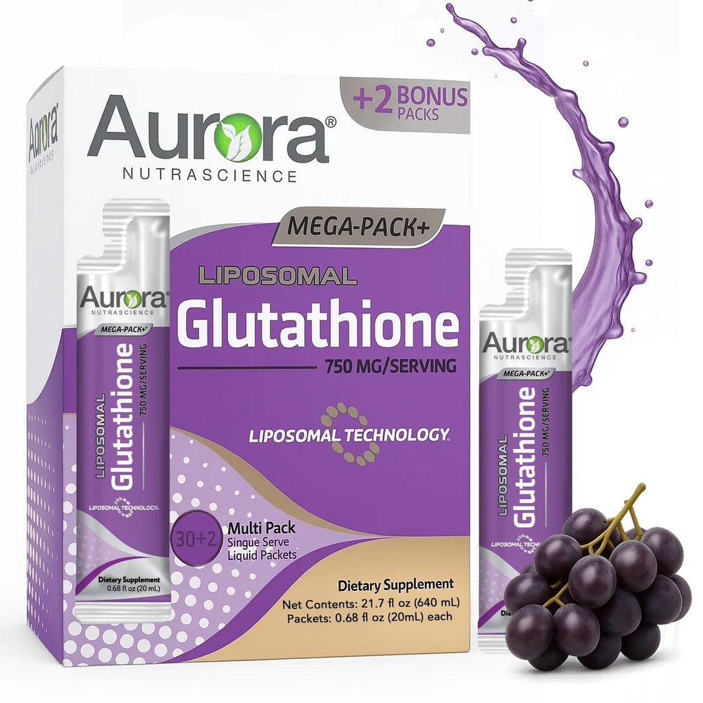 Aurora Nutrascience Mega-Pack Liposomal Glutathione - 750 mg Liquid Supplement, Antioxidant Support for Men & Women, Sugar Free, Non-GMO, Liposomal Glutathione Packets - 32 Single Serve Packets
