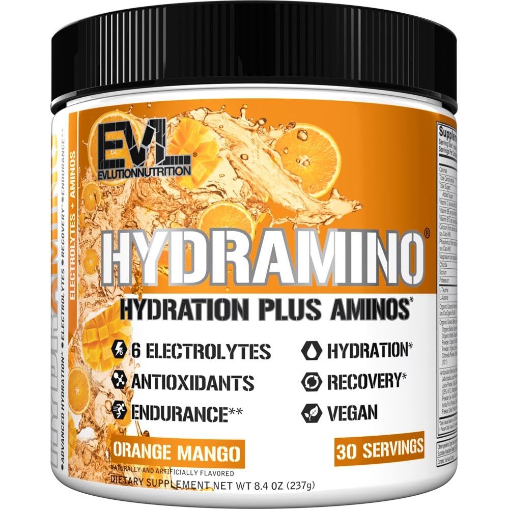 Evlution Beslenme HDRAMINO Complete Hydration Multiplier, All 6 Electrolytes, Vitamin C & B, Akışkanlar, Vitamin Su, Endurance, Recovery, Antioksis, 30 Serve, Orange Mango