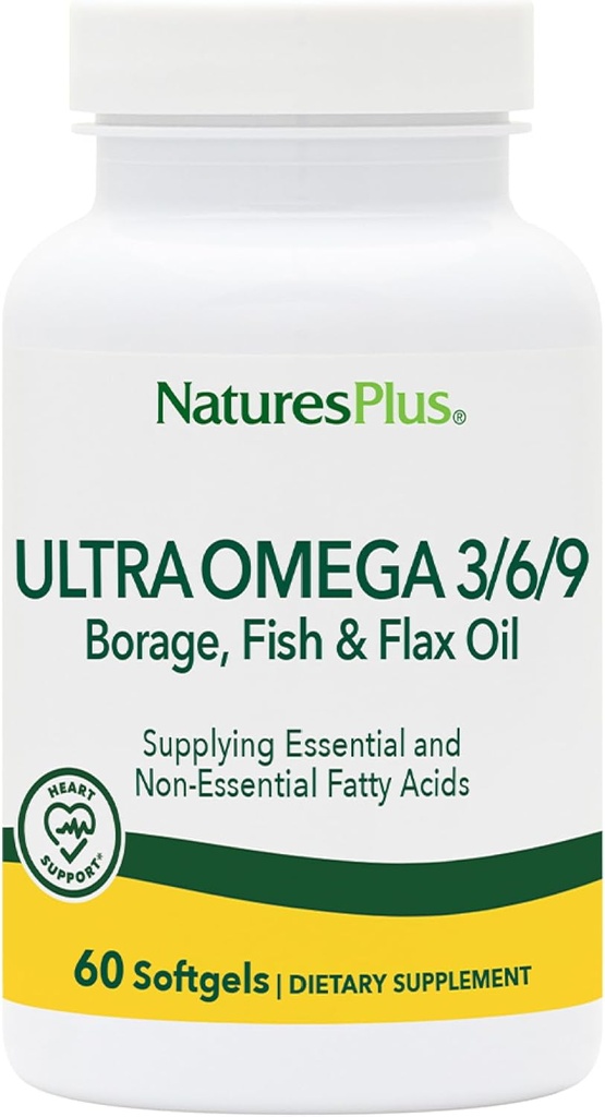 Natures Plus Ultra Omega 3 6 9-1200 mg, 60 Softgels - Borage Oil, Fish Oil, Flax Oil Supplement, Gluten-Free - 60 Servings