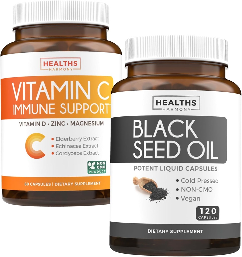 Black Seed & Vitamin C (2-Month Supply) Tamam Defense Immune Sche of Black Seed Oil - Nigellia Sativa Cold-Pressed Cumin Tohum (120 Capules) & C Immune Support (60 Vegetarian Tabletler)