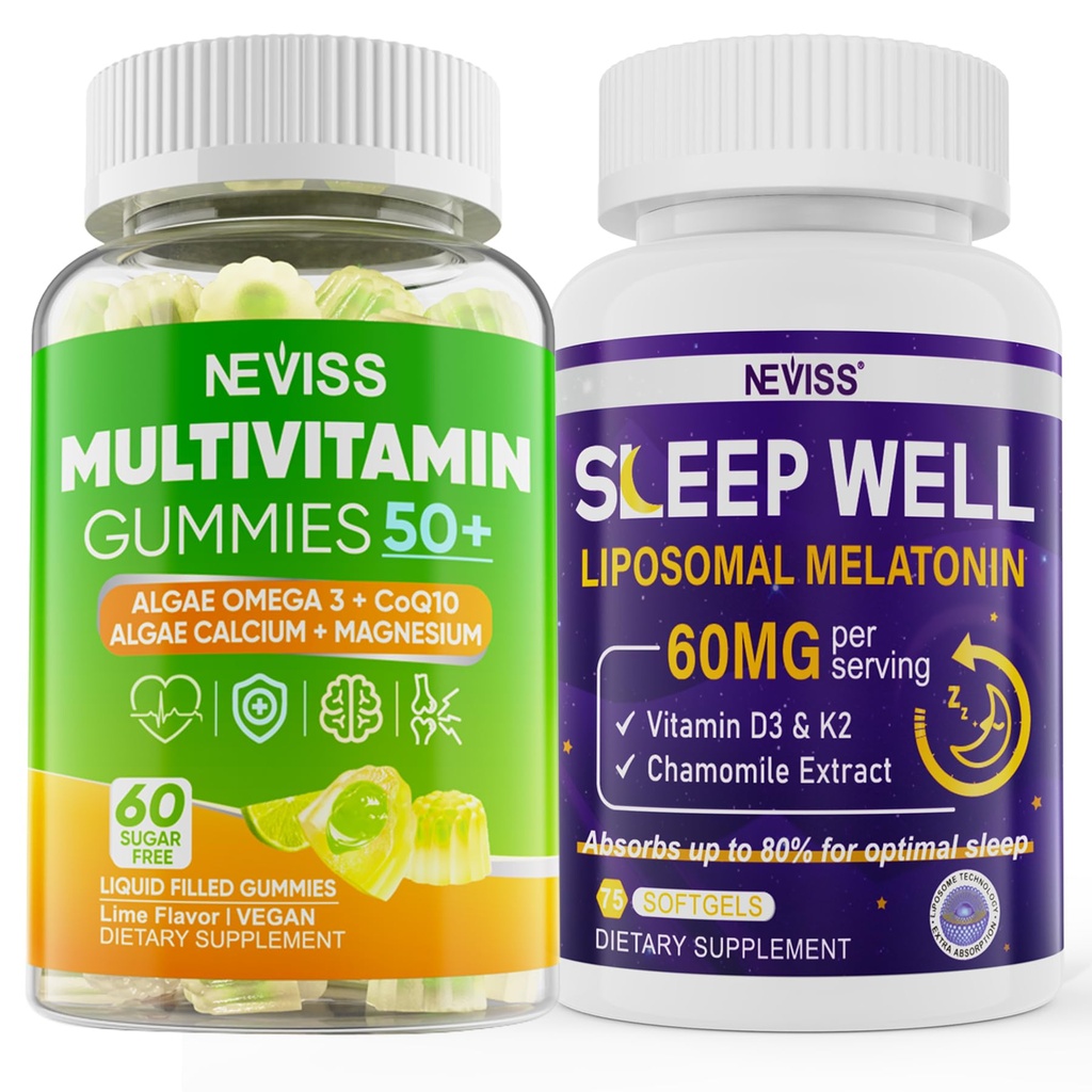 NEVISS Women & Men's 50+ Multivitamin Gummy and Melatonin 60mg