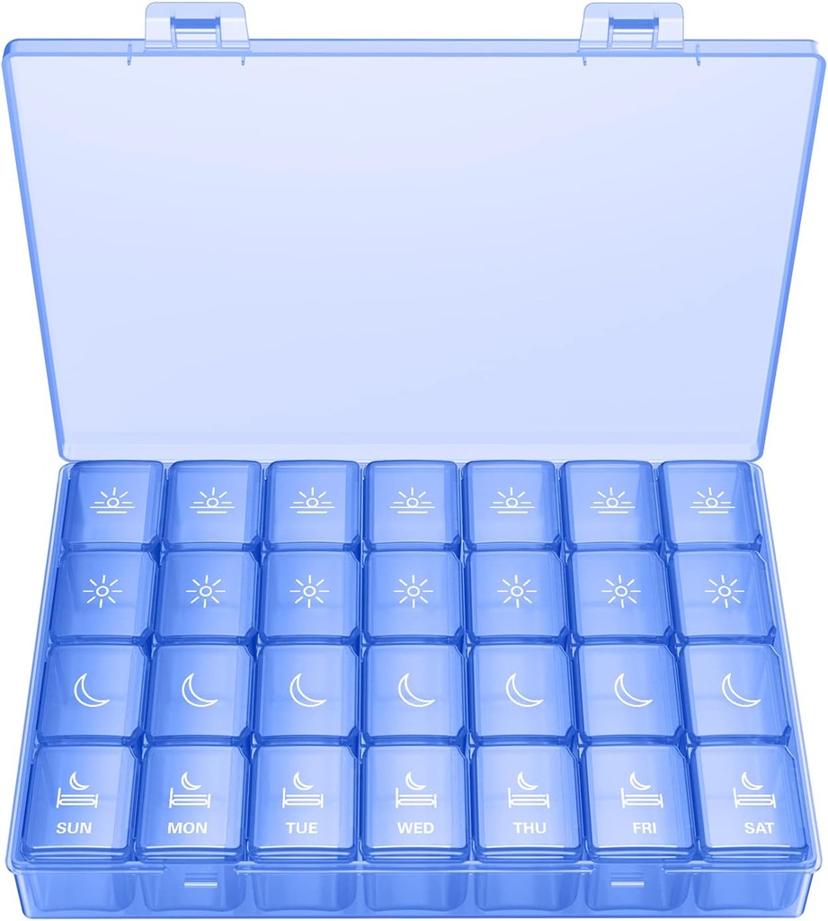 XL Pill Organizer 4 Times a Day, BUG HULL Extra Large Weekly Pill Box Case, 7 Günlük Konteyner Günlük Pilleçleri Cod-Liver Oil, Vitaminler, Tamamlar (Royal Blue)