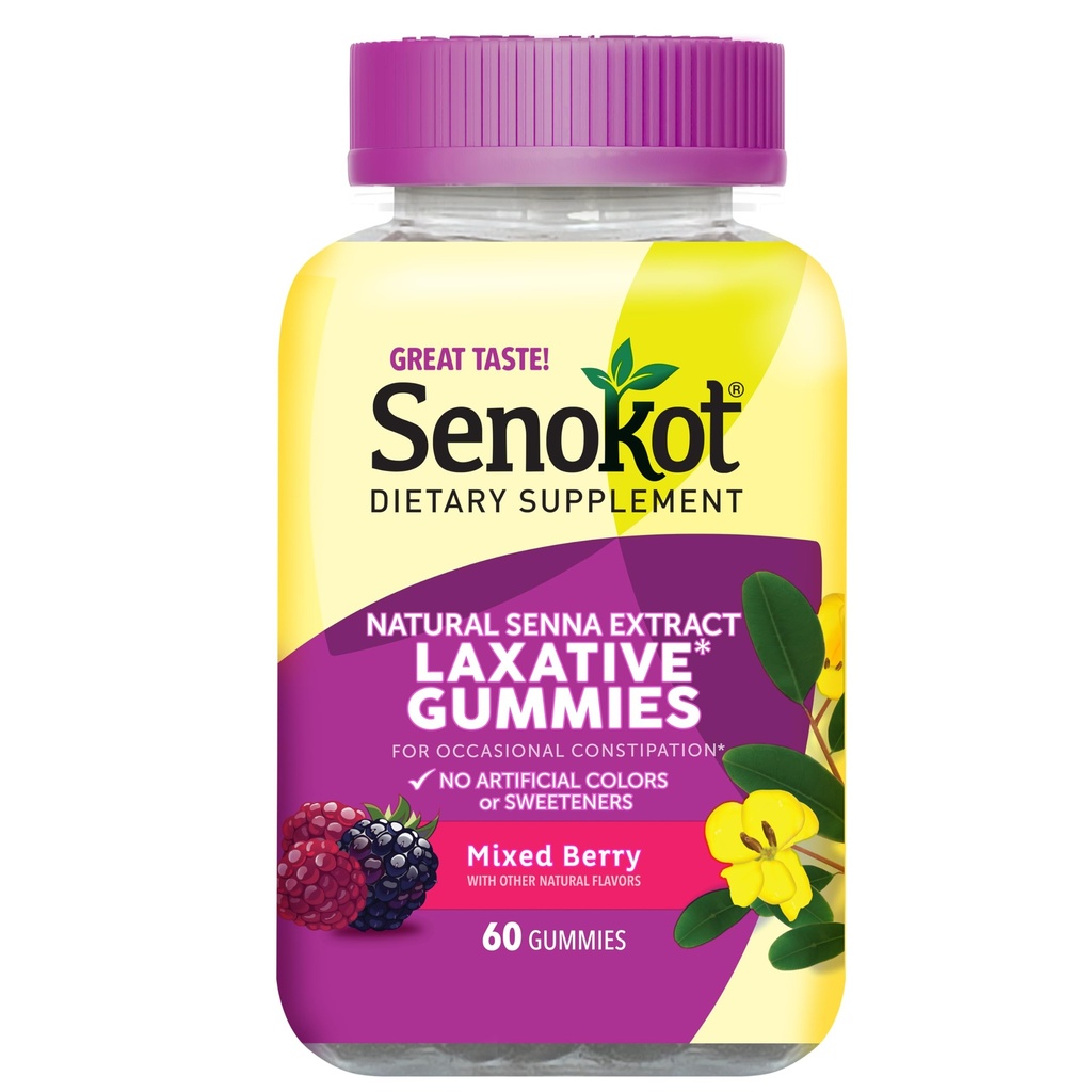 Senokot Diyetary Supplement Laxative Gummies, Natural Senna Extract, Gentle, Overnight Relief from Occasional Constipation, Karma Berry Flavor, 60 Count.