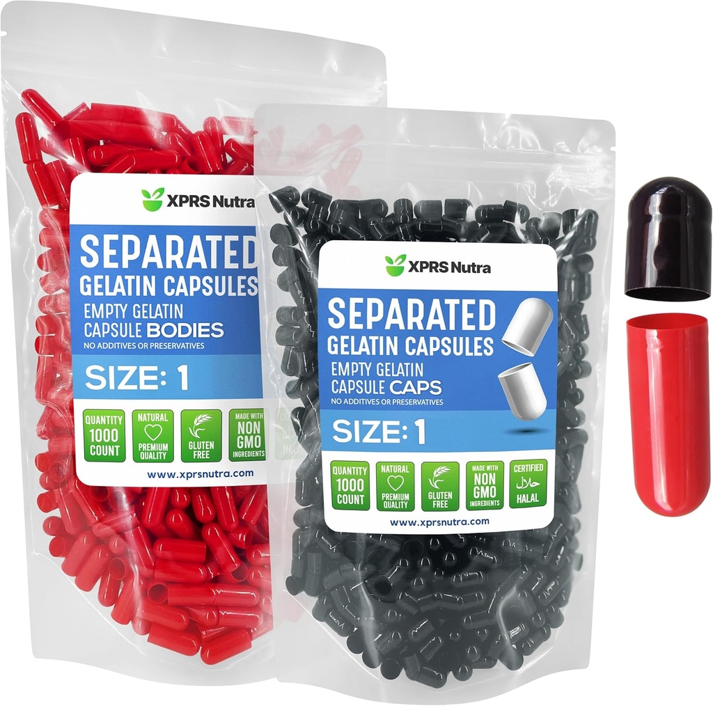 XPRS Nutra Boyutu 1 Gelatin Ayrılı Kapsüller - 1000 Kont Boş Pill Capsules DIY Supplement (Black/Red) için Çanta- Boş Pills içinde Ayrıştı
