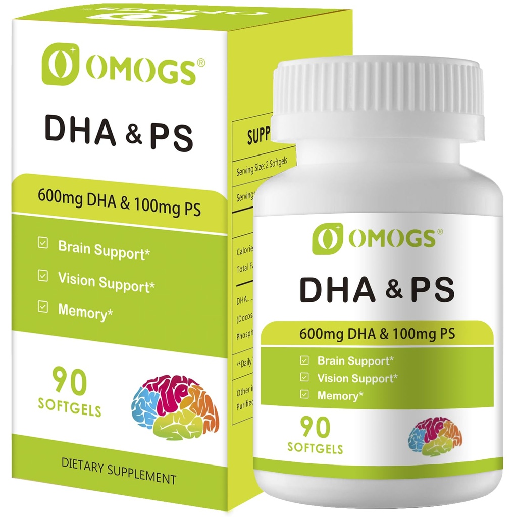 OMOGS Algae DHA - 600 mg Omega-3 DHA Softgels, Phosphatidylserine & Walnut Oil ile, Sağlıklı Beyin Fonksiyonlarını Destekler, Vizyon, Eye & Memory, Gluten Free, Non-GMO Vegan Algae Oil, 90 Softgels
