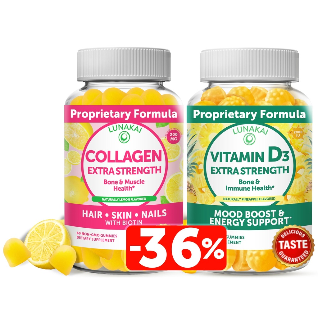 Lunakai Collagen ve Vitamin D3 Gummies Sche - Erkekler ve Kadınlar için Hiçbir Zaman Anti Aging Supplements - Immunity, Bone and Mood Support Gummy for Yetişkinler - 30 Days Supply