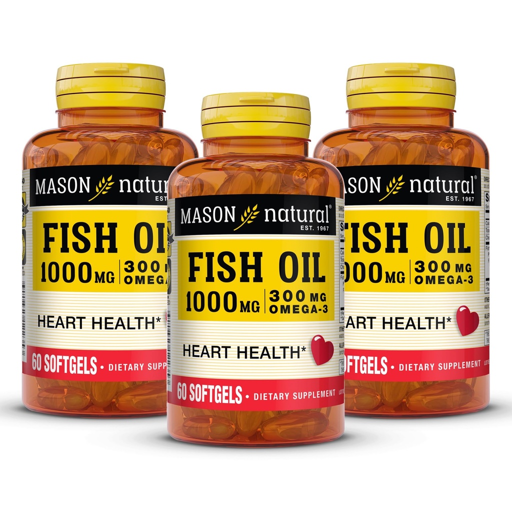 MASON NATURAL Omega,3 Fish Oil, 180,Day Supply, iş birliği için EPA ve DHA ile 1000 mg, 60 Softgel Pills (3 Pack)