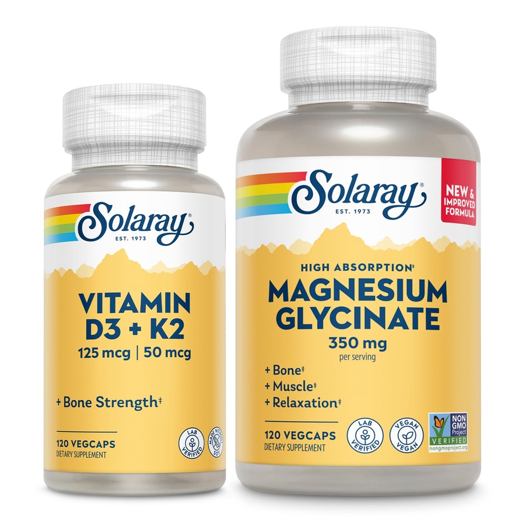 SOLARAY Vitamin D3 K2 ve Glycinate - Bone Health Sche -dis Abors, Nerve, Heart ve Immune Support w / 5000 IU Vitamin D, 350 mg Chelated Magnezyum, 60-Day Garanti, 120ct/120ct