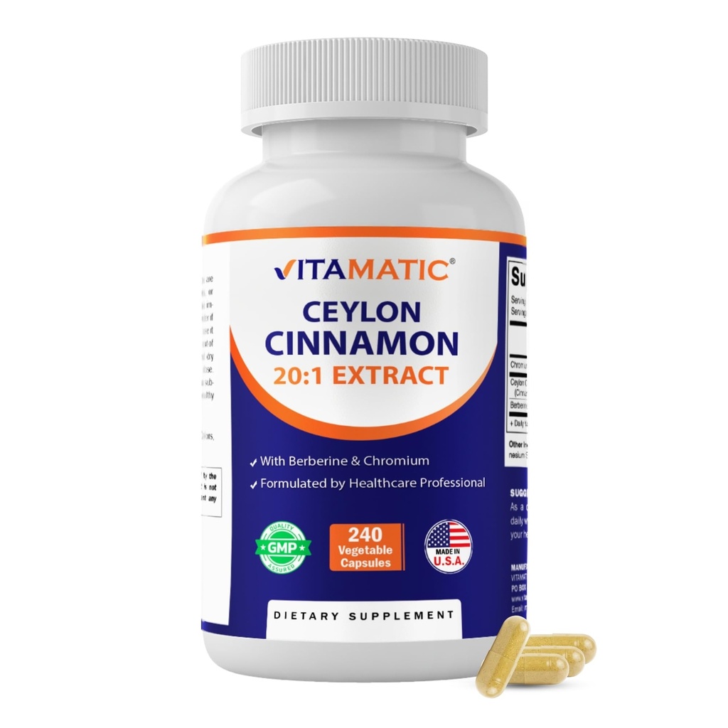 Vitamatic Ceylon Cinnamon 10000 mg Equivalent Per Service (20:1 Ekstraktör 500 mg) Berberine & Kromium - 240 Sebze Capsules - Non-GMO & Gluten Free