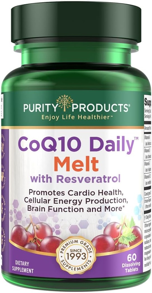 Saf Ürünler CoQ10 Günlük Resveratrol Melt 100 mg CoQ10-30mg Trans-Resveratrol - Vitamin A, D3, E ve B12 (bir metilcobalamin) - 60 Hızlı Dis çözülme Tabletleri